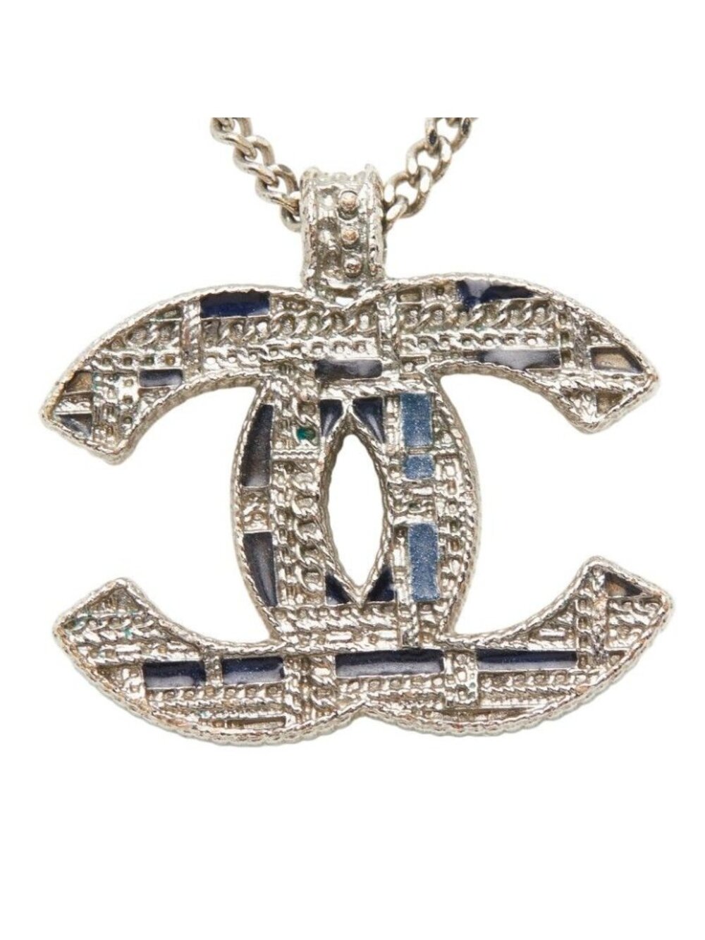 Chanel CC Logo Pearl Tweed Silver Black Blue Metal - Picture 3 of 7